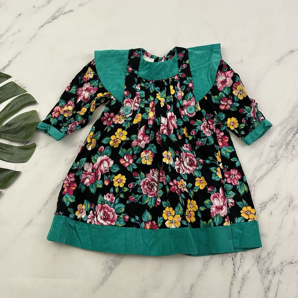 Wee Clancy Girls Vintage 90s Floral Dress Size 3T Black Green Corduroy Trim